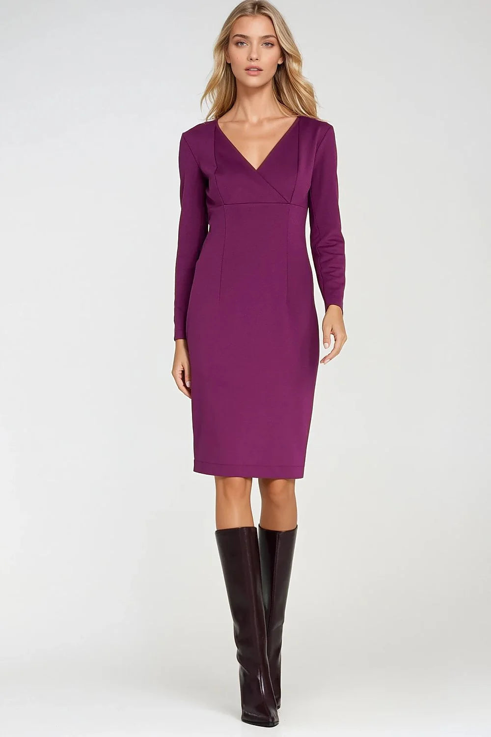 robe ajustée élégante cintrée décolleté cache coeur V manches longues jupe crayon genoux fermeture invisible tissu extensible doux viscose spandex