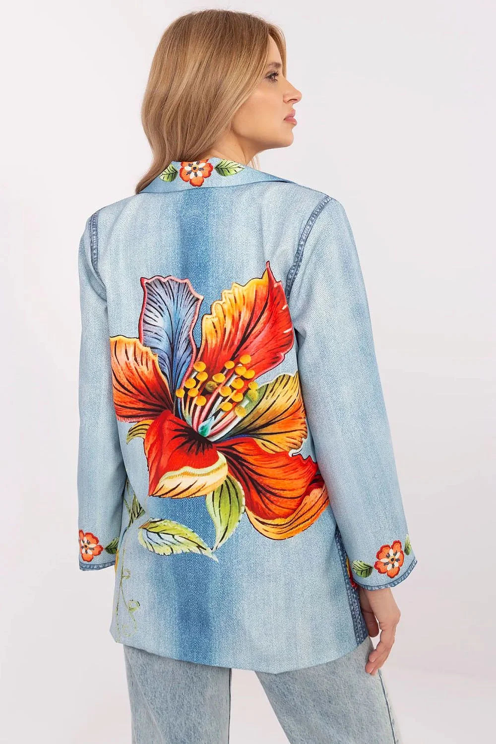 Veste en denim floral pour femme, style casual chic, manches longues, coupe ajustée, matériau confortable, veste printemps été