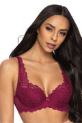 Soutien-gorge rembourré dentelle bordeaux floral classique modern style armatures bonnets plongeants bretelles réglables fermeture dos bijou décoratif femme lingerie raffinée