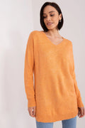 Pull pour femme Chandail Rue Paris couleur orange doux maille fine col V manches longues côtelé casual