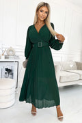Robe cocktail Numoco en mousseline de soie plissée en V, manches longues bouffantes, ceinture verte, tailleur ajusté pour femme
