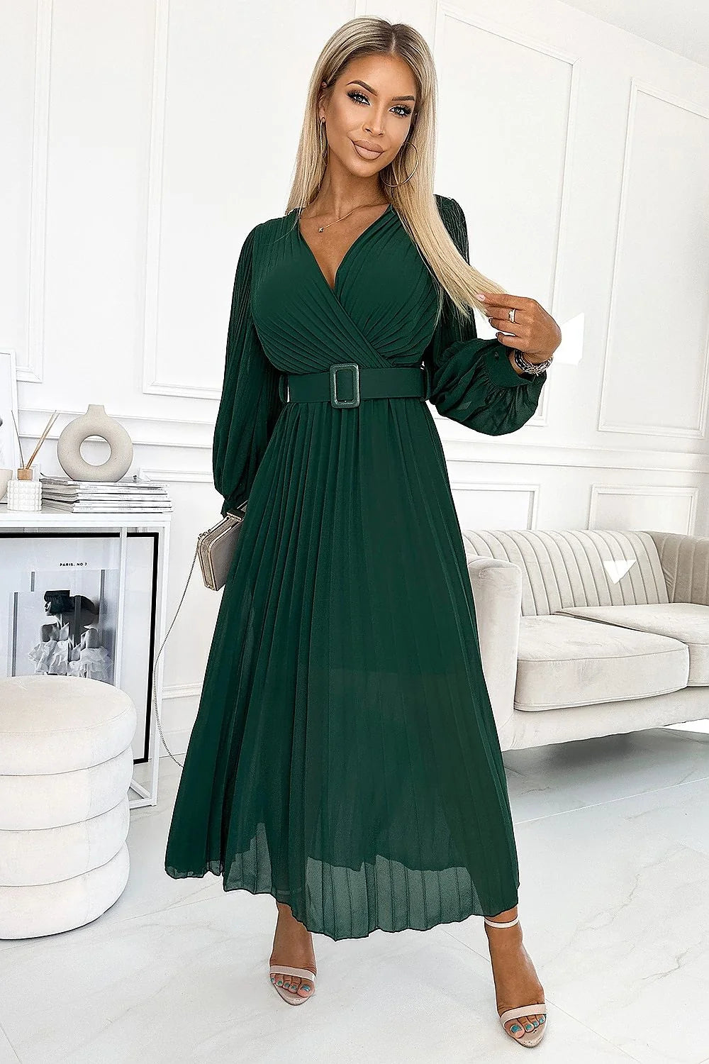 Robe cocktail Numoco en mousseline de soie plissée en V, manches longues bouffantes, ceinture verte, tailleur ajusté pour femme