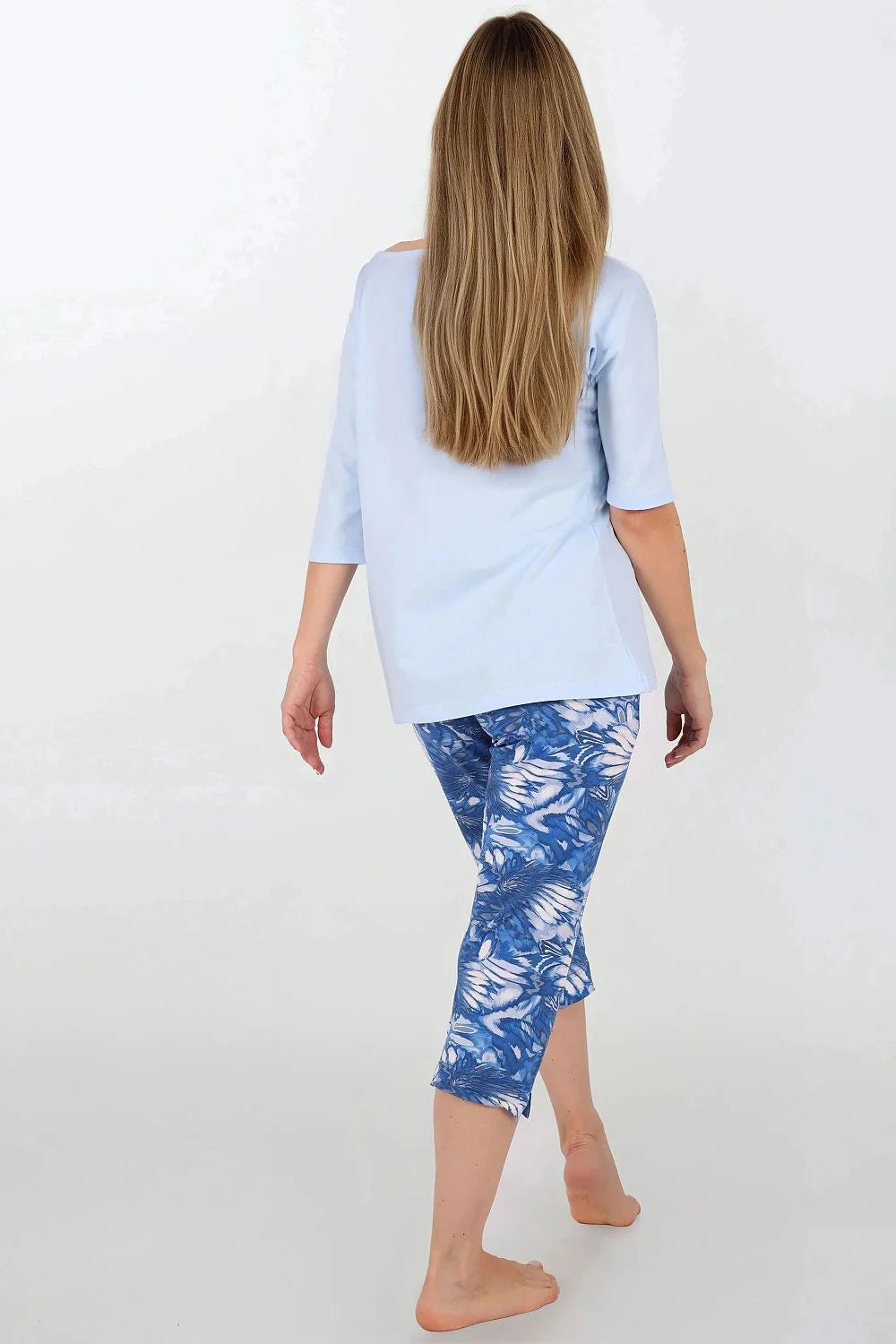 pyjama femme ensemble pièces jersey doux coton OEKOTEX chemisier manches trois quarts encolure ronde pantacourt imprimé feuillage aquarelle taille élastique