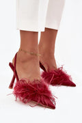 escarpins femme satin bordeaux bout pointu bride arrière talon aiguillé haut pompon plumes marabou semelle cuir artificiel confort
