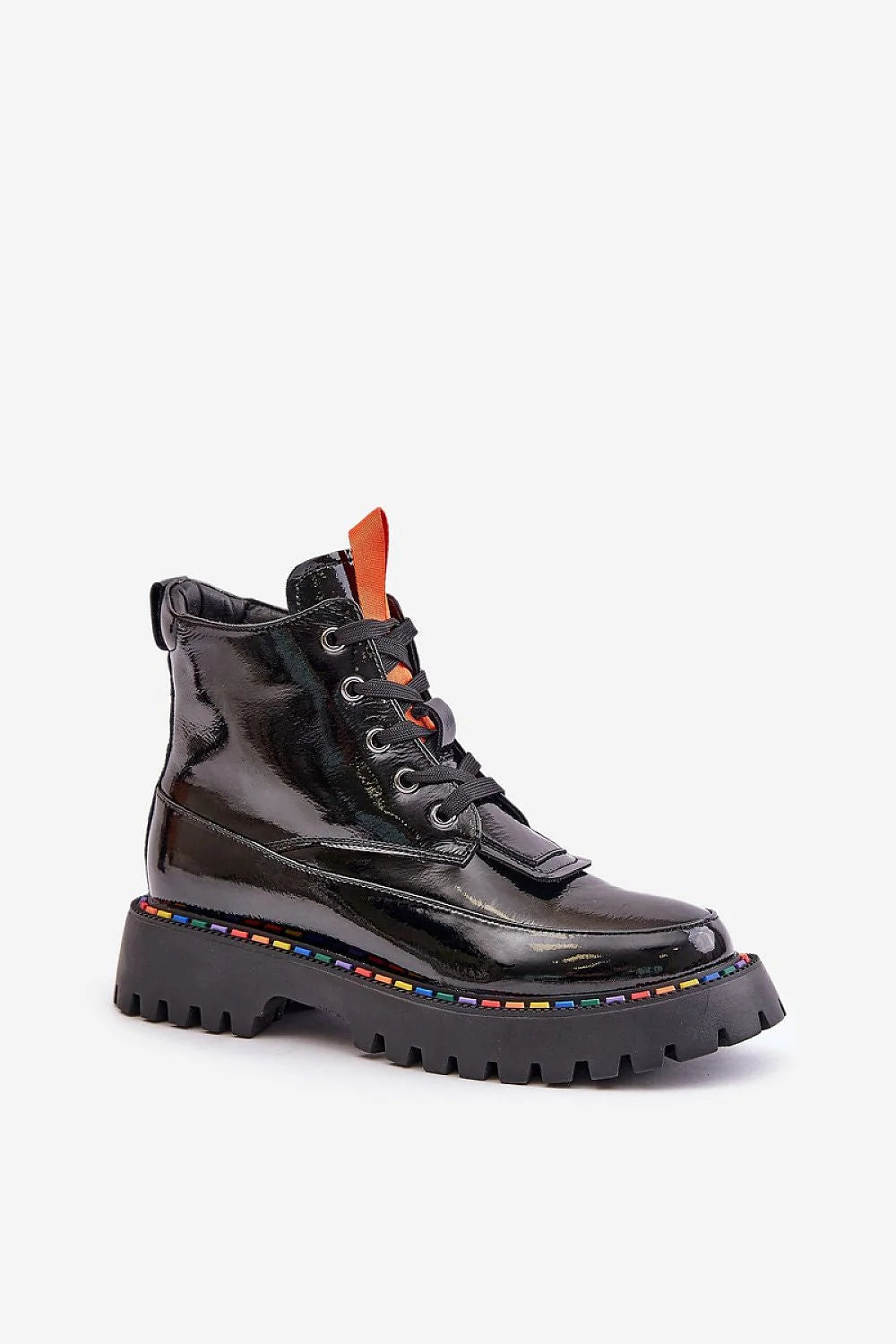 bottines cuir verni multicolore urbain audacieux montante maintien lacets zip semelle épaisse crantée coutures multicolores languette orange œillets