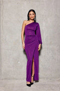 Robe longue asymétrique à une épaule manche longue fente haute tissu scintillant violet profond femme soirée élégance