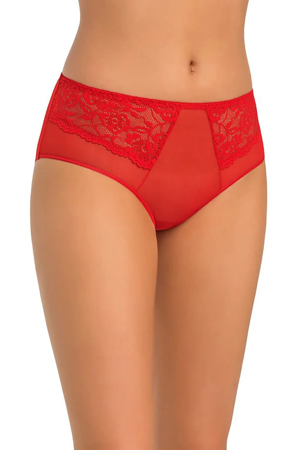Culotte taille haute classique pour femme en maille transparente et dentelle florale rouge, style élégant et romantique, confort élastique, absorption humide, coupe silhouette