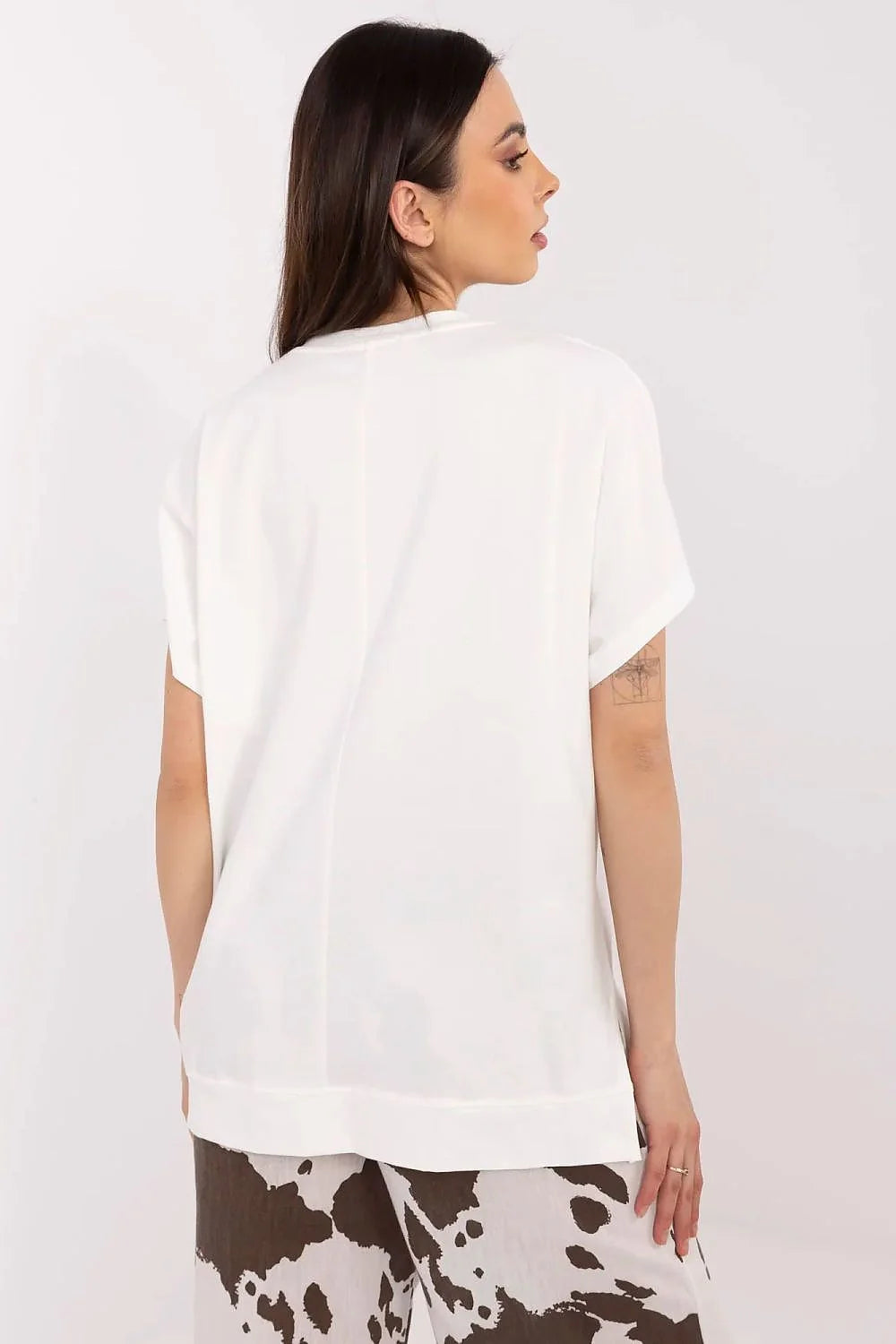 Chemisier femme décontracté col rond manches courtes impression élégante AMOUR motifs pinceau coton elasthanne blanc doré argenté
