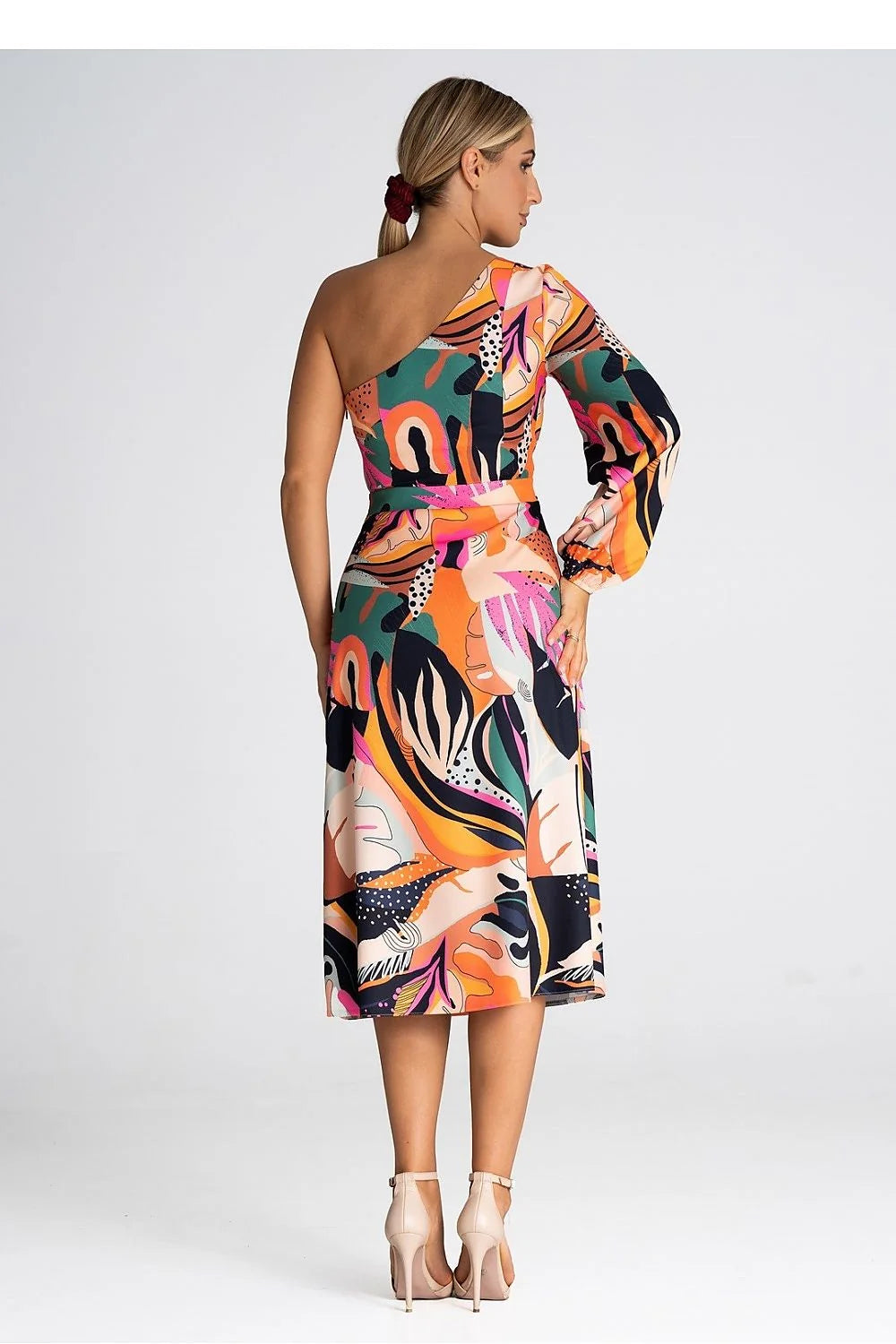 robe cocktail Figl asymétrique manche bouffante midi cintrée jupe évasée imprimé abstrait multicolore fluide polyester élasthanne vibrante artistique