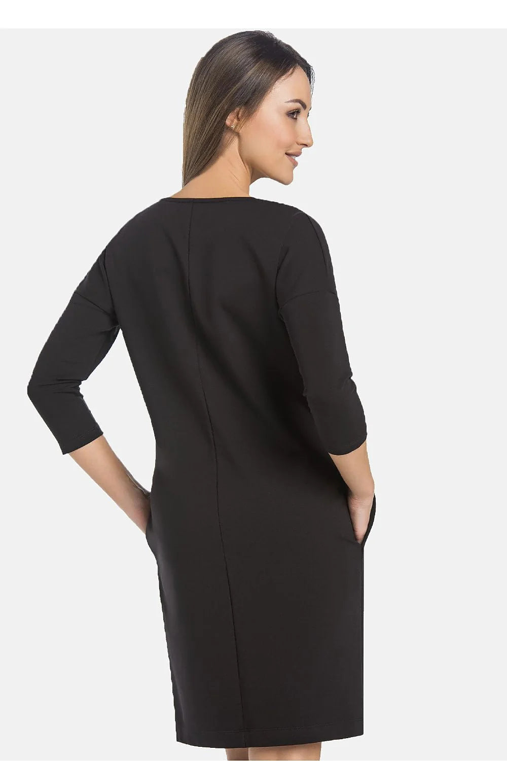 robe noire coton jersey extensible élasthanne polyester coupe droite cintrée taille marquée manches troisquarts poches latérales encolure ronde style minimaliste