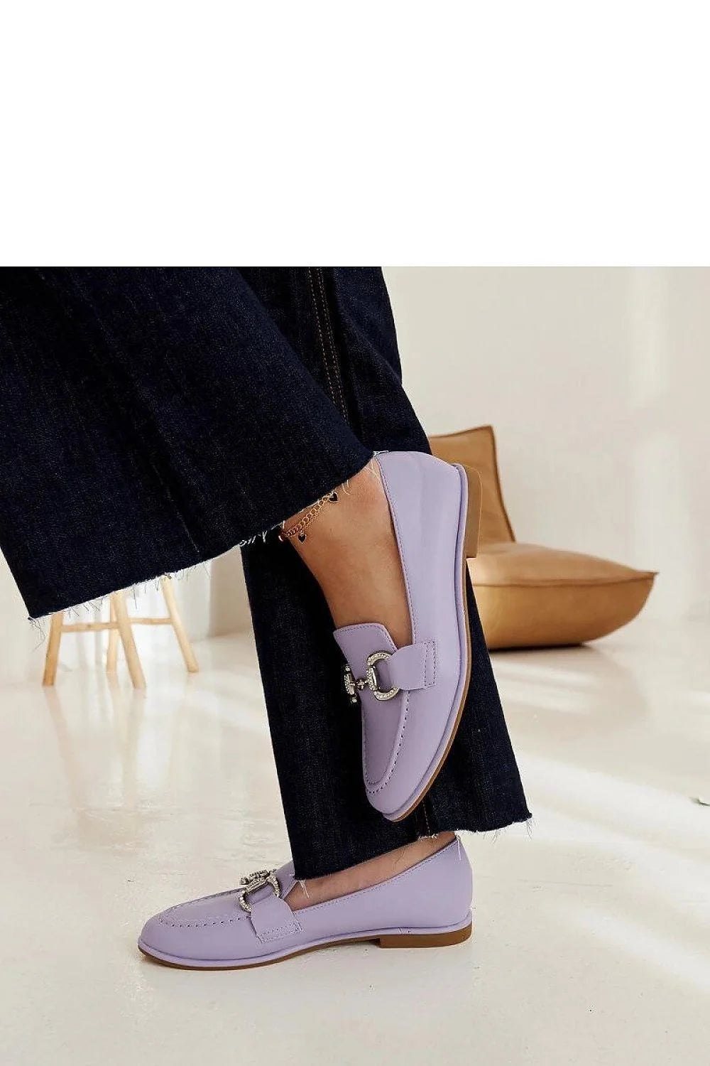 mocassins Solea femmes lavande similicuir lisse bout arrondi semelle plate beige mors métallique strass surpiqûres élégants confortables adhérence urbains intemporels