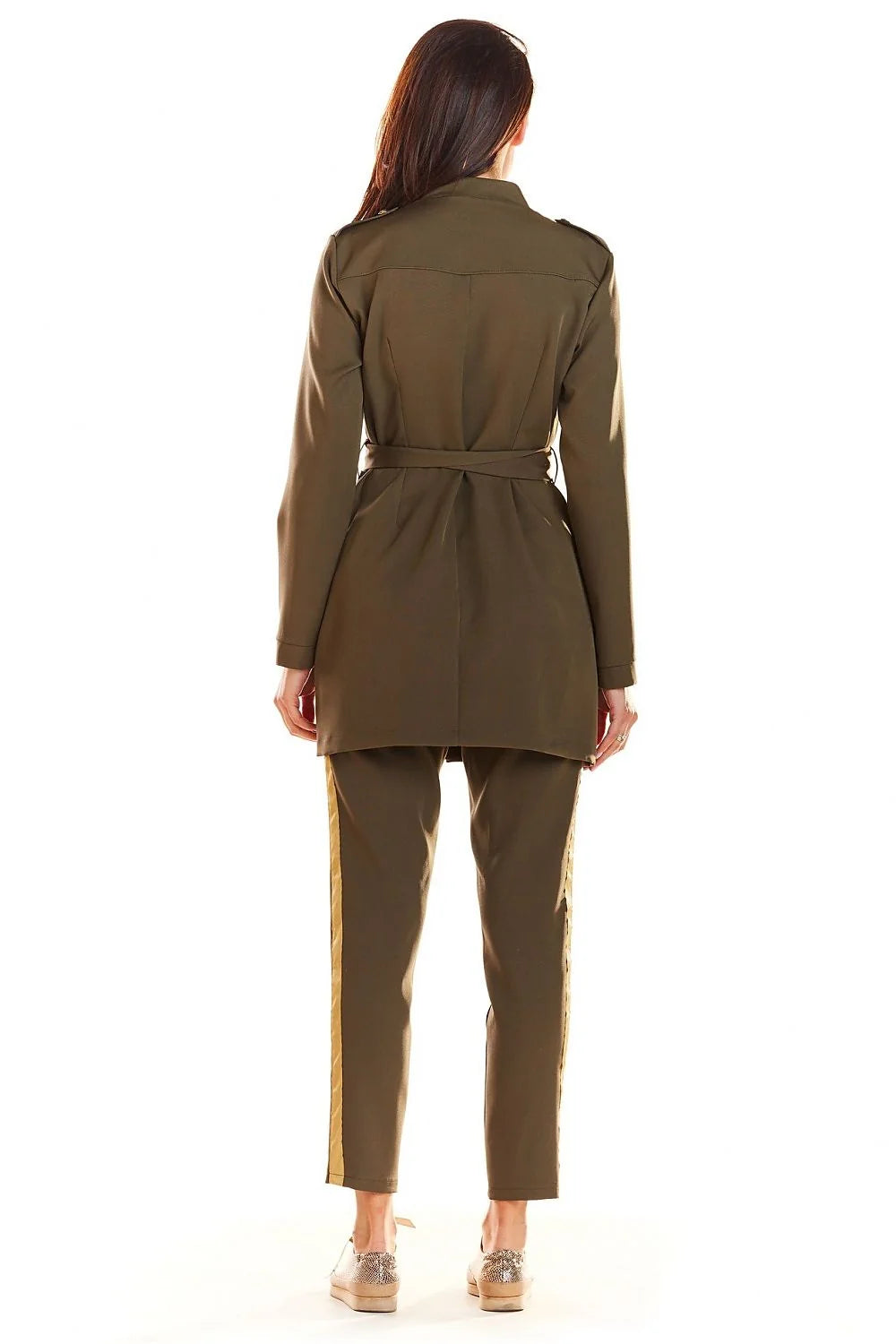 Veste longue femme kaki en polyester chic militaire élégante avec ceinture ajustable boutons dorés