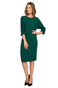 Robe classique élégante pour femme en vert émeraude, coupe droite, manches 3/4, col rond, fermeture éclair dissimulée, polyester, viscose, élasthanne