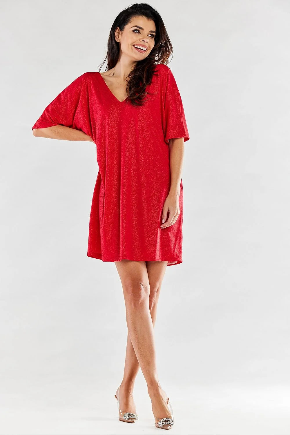 robe soirée rouge éclatante manches trois quarts col V plongeant coupe oversize tunique mi cuisses stretch irisé métallisé élasthanne confortable