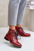 bottines féminines cuir python rouge vif texturé talon bas cheville lacets fermetureeclair bride boucle breloque dorée semelle contrastée
