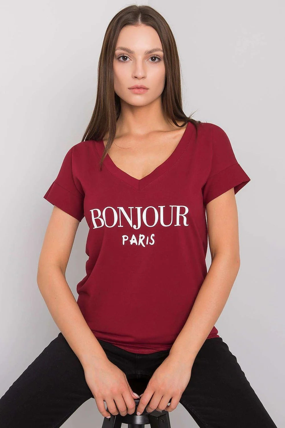 T-shirt Fancy pour femme, style urbain Paris, coton élasthanne, coupe ajustée, col V, inscription 'BONJOUR PARIS', manches courtes, rose pâle