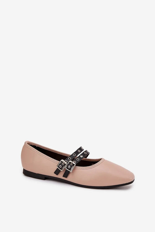 ballerines plates pointues rosé similicuir deux brides noires œillets métalliques boucles réglables semelle fine antidérapante bord élastiqué polyvalentes confort