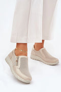 Chaussures basses féminines modernes en maille beige et cuir synthétique fermeture éclair dorée confort toute la journée occasions quotidiennes