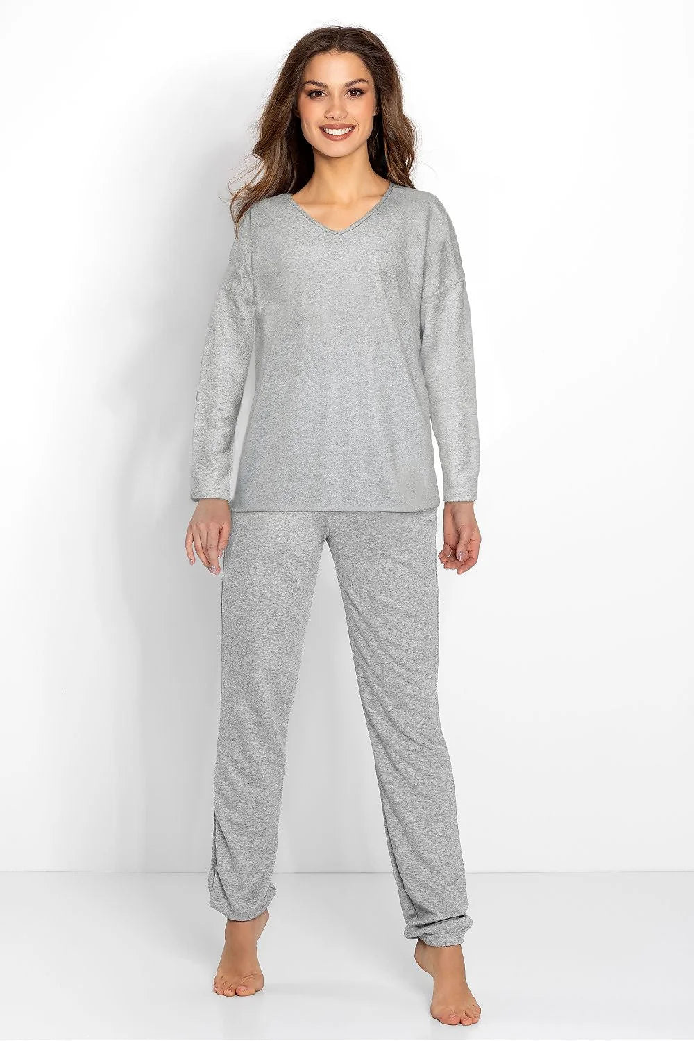 Pyjama pour femmes élégant confortable en coton gris manches longues col V pantalon taille élastique