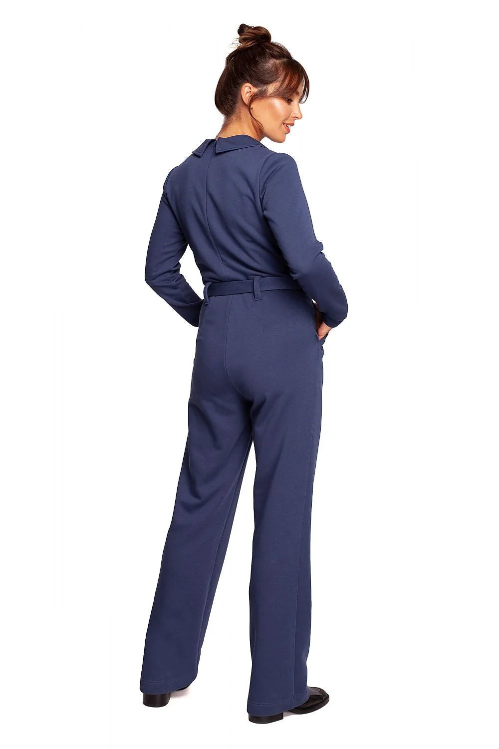 Combinaison Be Wear pour femme, violet intense, combi-pantalon ajusté, col classique, manches longues, ceinture intégrée, poches latérales, tissu doux, 90% coton, 10% polyester