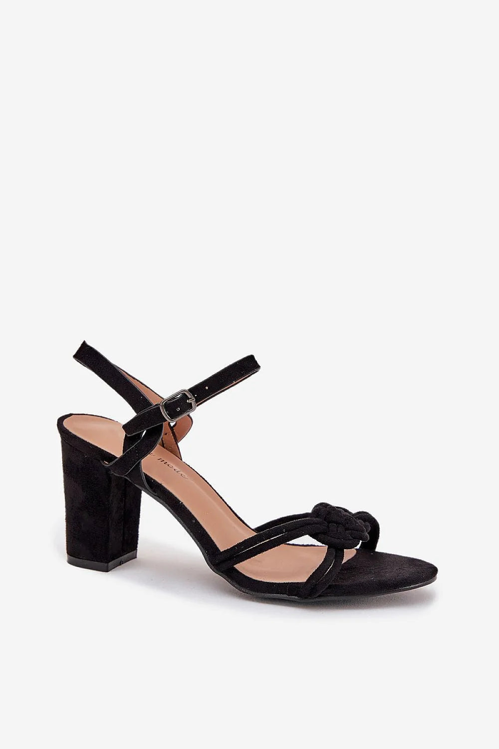 sandales femme talon carré bloc suédine noire lanières croisées nœud tressé bride cheville réglable boucle métallique semelle rembourrée