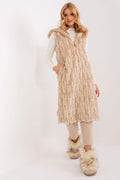 Gilet pour femme long sans manches en fausse fourrure beige clair fermeture éclair capuche poches latérales élégant et confortable pour les occasions formelles et d'affaires hiver 2023