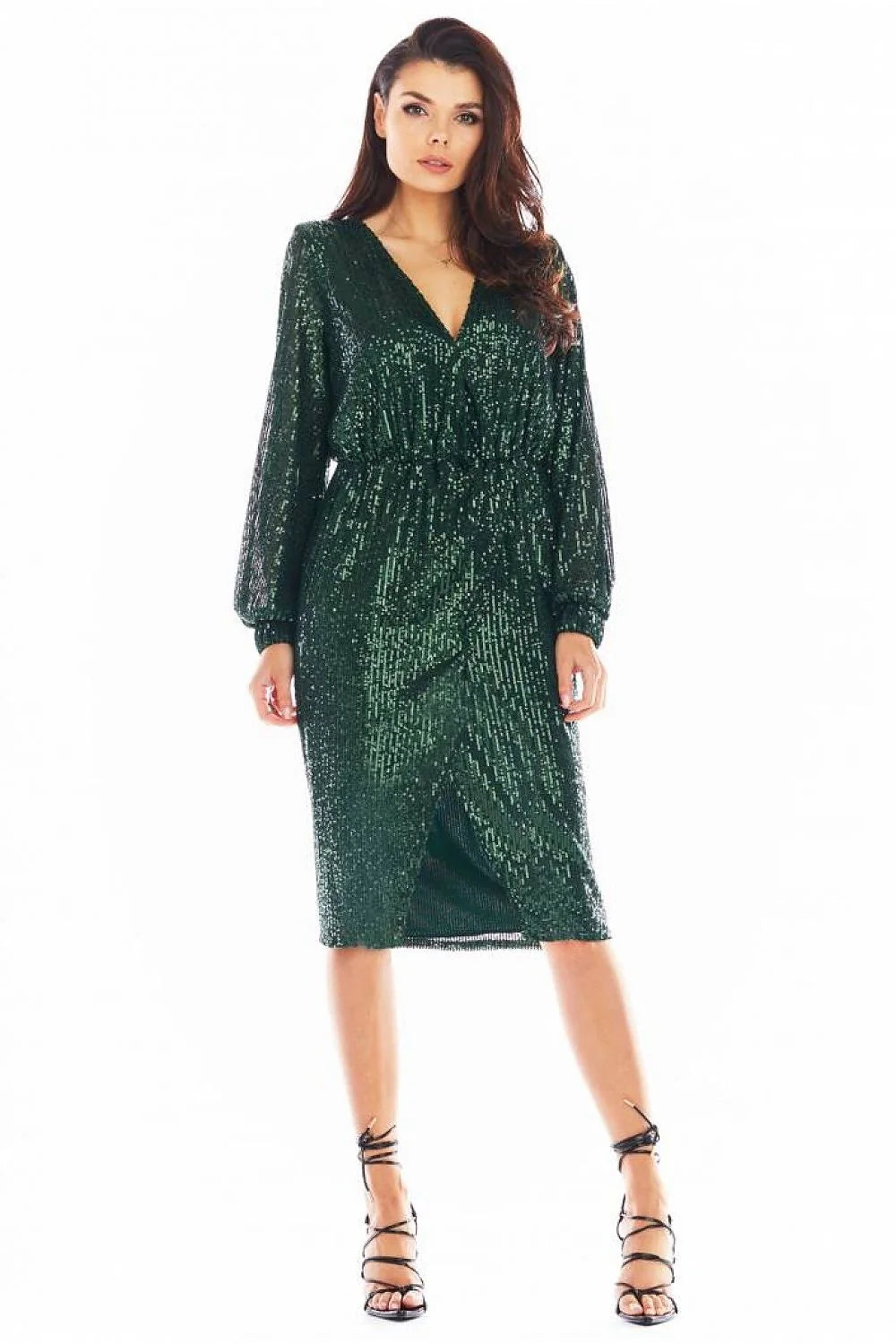 Robe de soirée élasthanne polyester paillettes encolure V manches longues ajustable élégante femme moderne