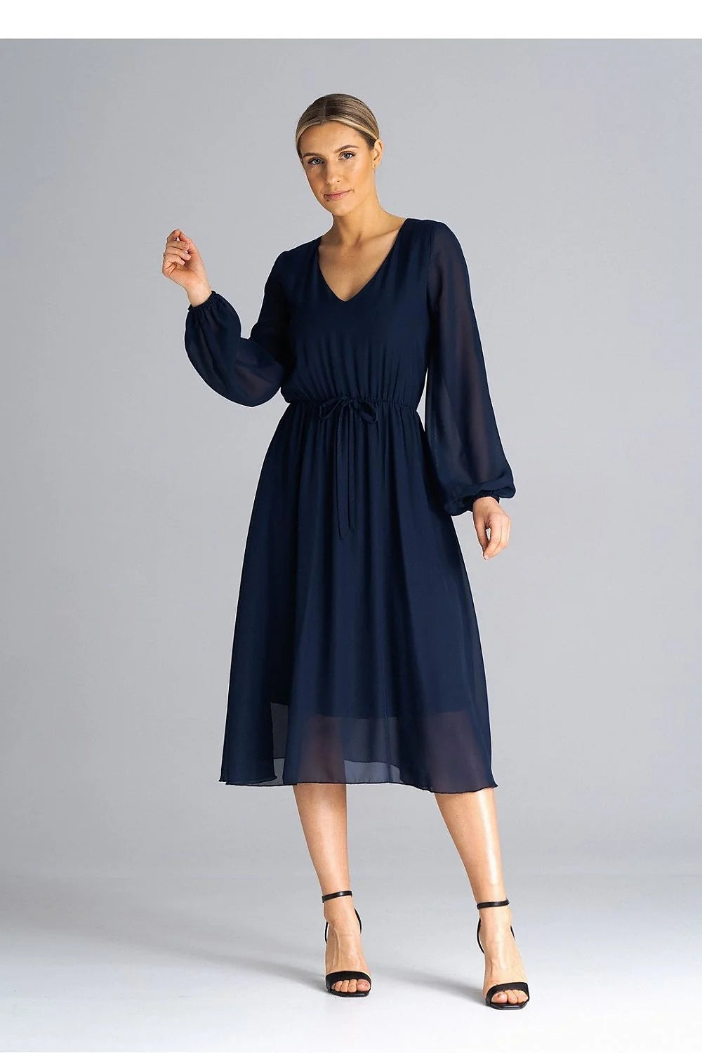 Robe de jour élégante en georgette bleu marine manches longues encolure V taille ajustable pour femme