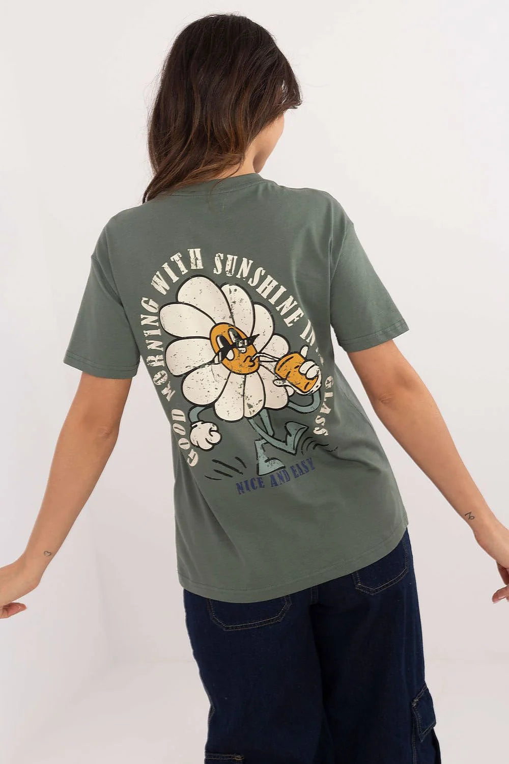 T-shirt femme vert kaki Good Morning marguerites court manches col rond style casual loose fit