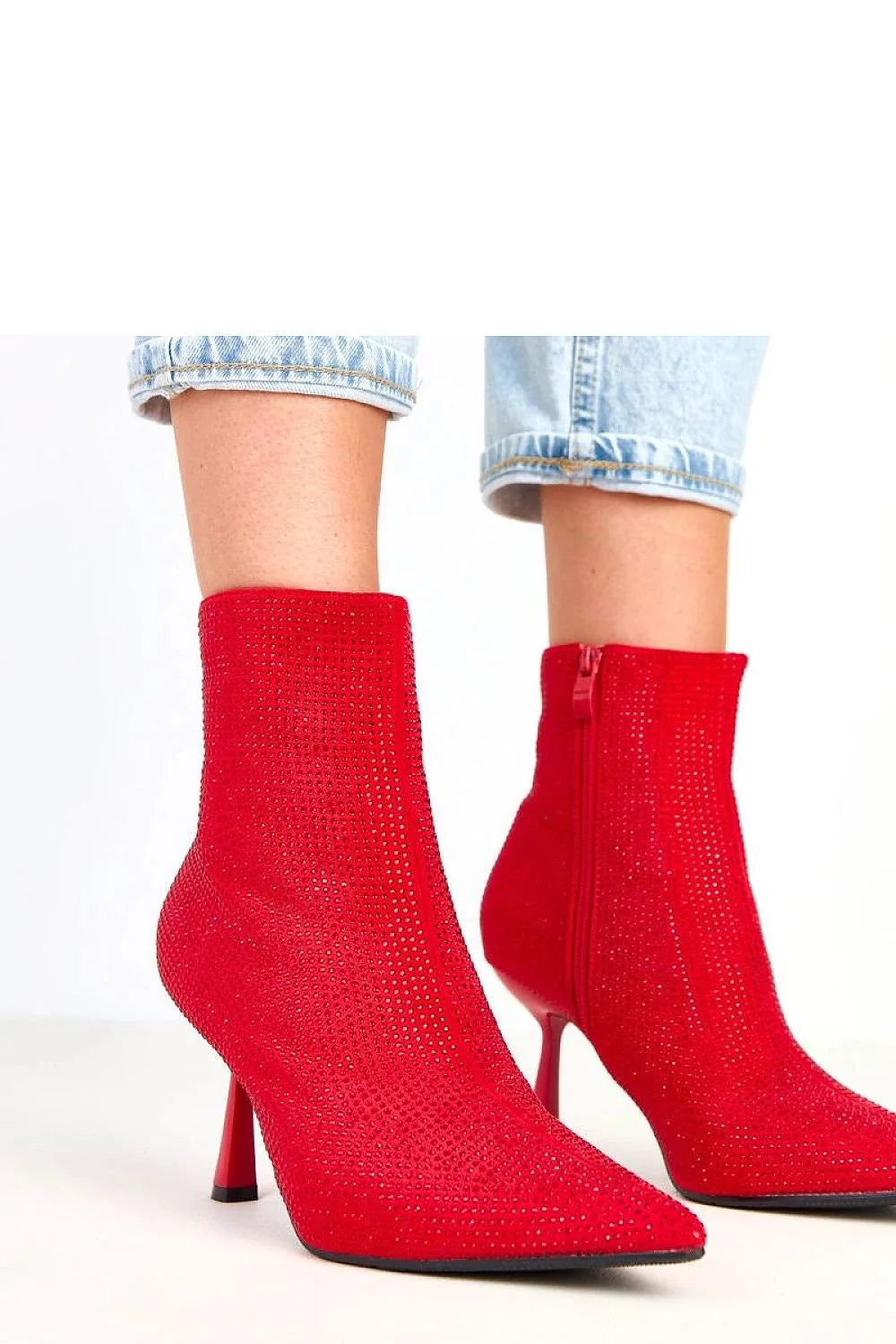 bottines femme rouges cuir suédé écologique microstrass zircons scintillants bout pointu talon aiguille tige haute cheville zippée confortable soirée
