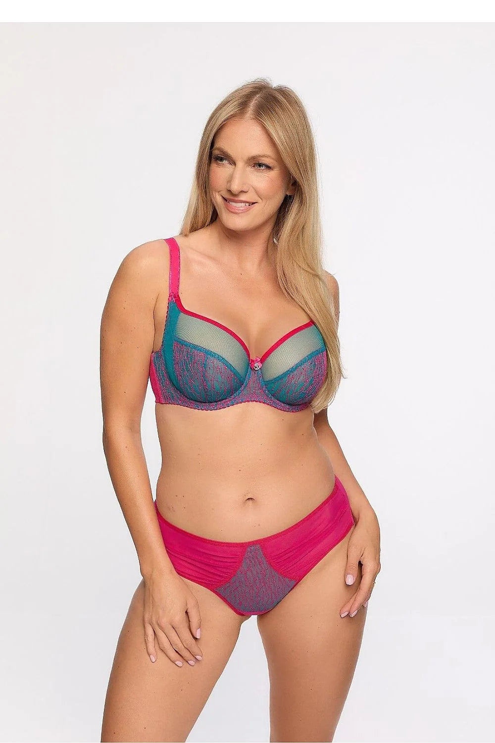 Culottes brésiliennes Gaia dentelle bleu sarcelle fuchsia soutien-gorge balconnet bretelles ajustables lingerie féminine audacieuse modernité