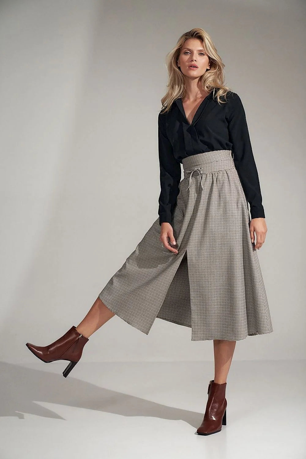 Jupe midi laine coton élégante évasée taille haute à carreaux professionnels pour femmes modernes