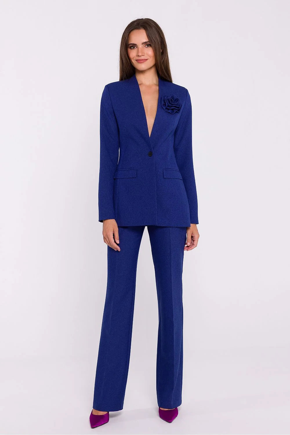 Veste Stylove pour femme élégante ajustée sans col bleu profond fleur decorative bouton unique