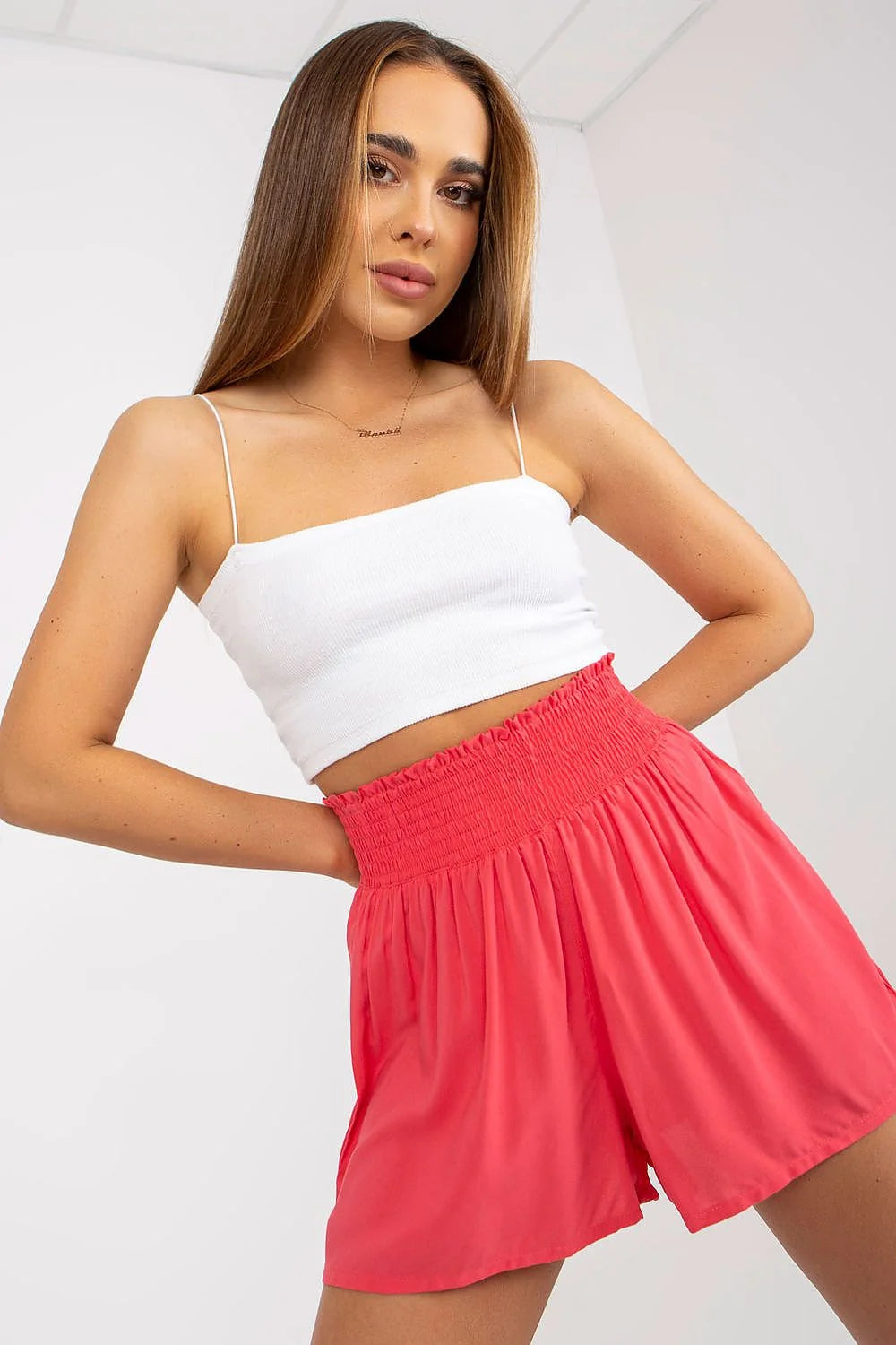 Shorts femme taille haute ample cut large élastique sans poches viscose 100% couleur corail rouge summer wear