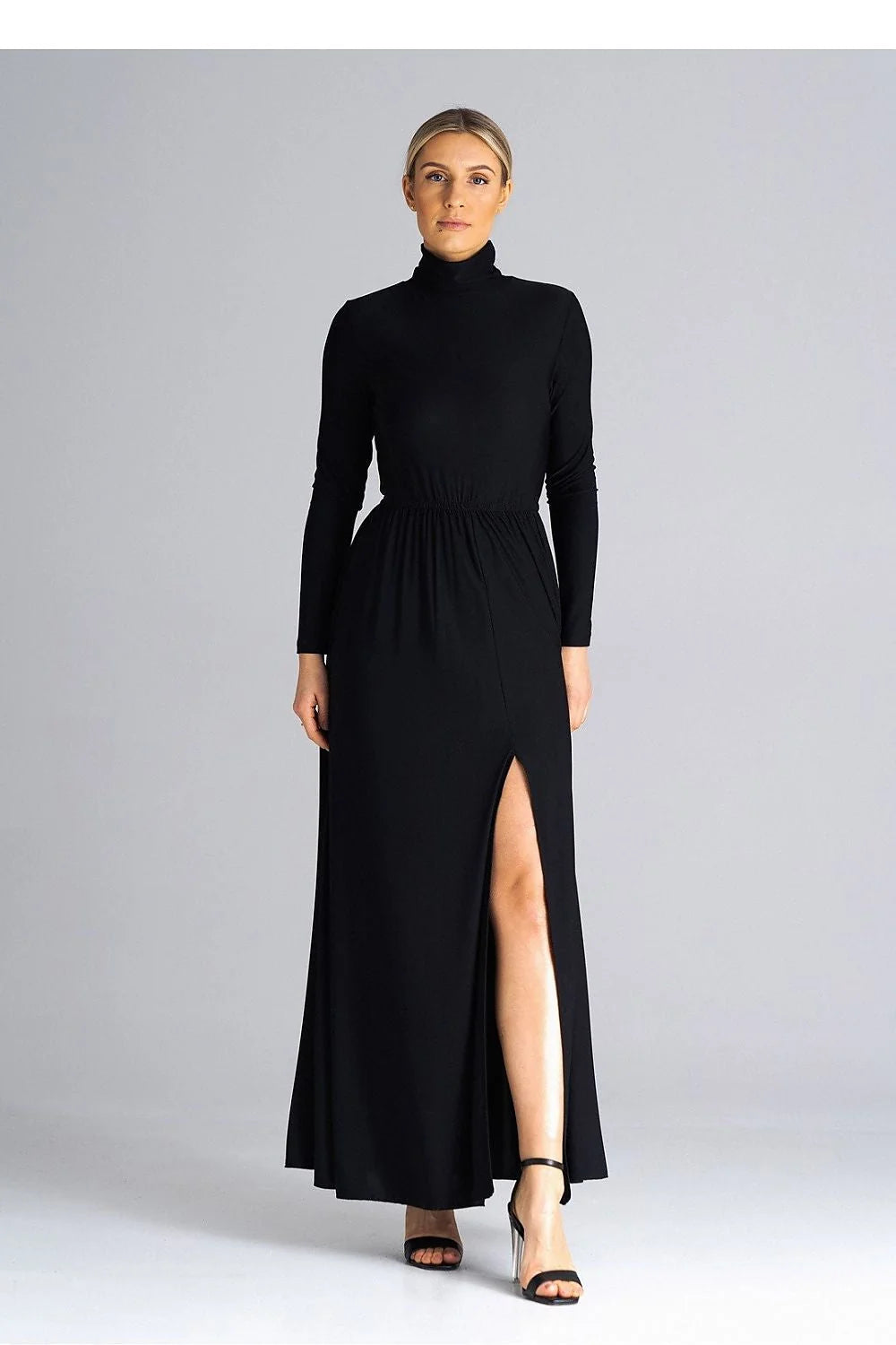 robe longue col roulé manches longues fente frontale taille élastiquée polyester elasthanne jersey fluide extensible jupe ample noir élégante