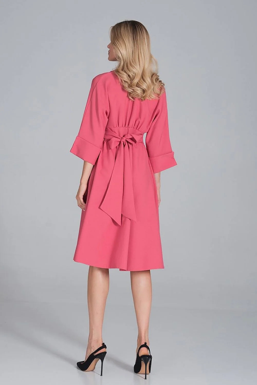 Robe midi polyester élégante rose vive manches trois-quarts boutons col V femme mode chic