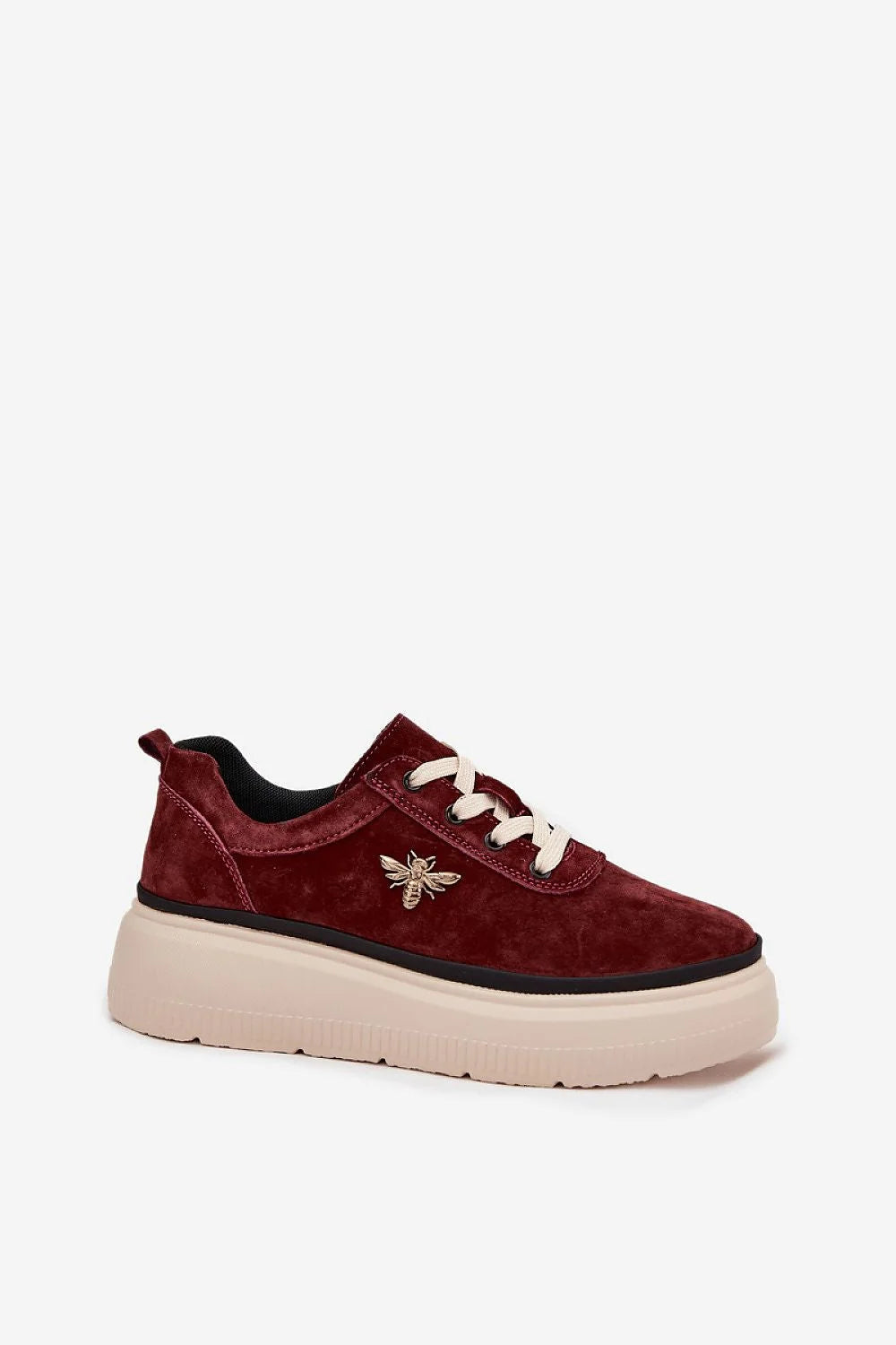 chaussures basses Vinceza suède bordeaux plateforme 4cm lacets blancs bout rond semelle chunky crème liseré noir bijou abeille métal antidérapante