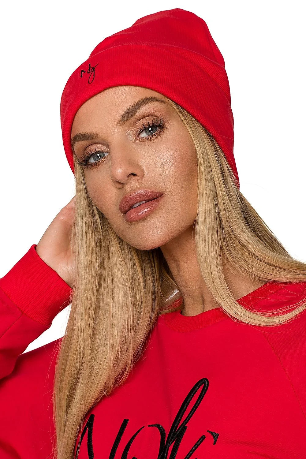 Bonnet Moe en maille stretch côtelée avec broderie dorée, sweat assorti col rond manches longues, ensemble mode femme élégant automne hiver