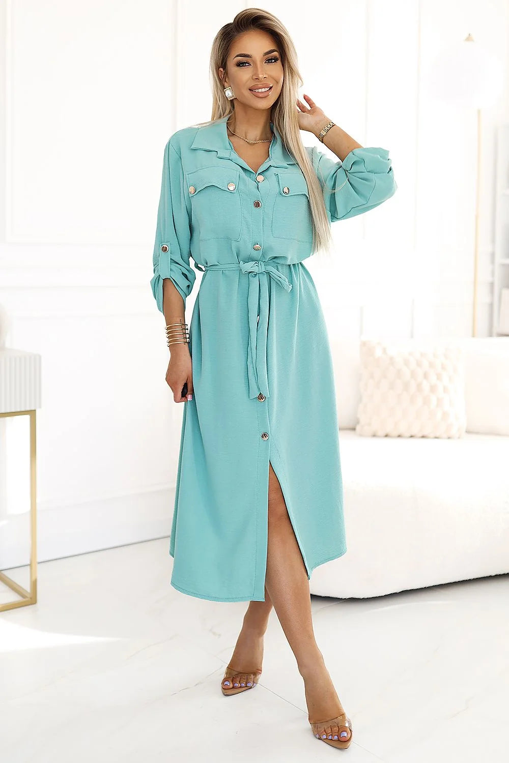 Robe de jour élégante Numoco Basic en turquoise clair manches longues ceinture ajustable coupe droite tissu fluide polyester femme