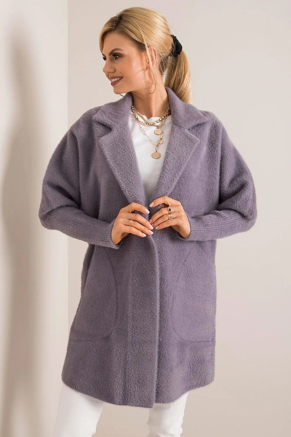 Manteau MBM pour femme coupe droite longueur mi-cuisse poches latérales col à revers matériau doux automne-hiver