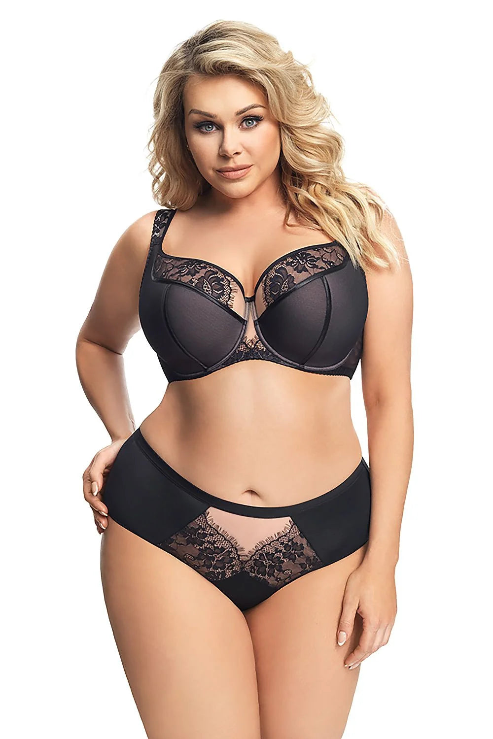 Ensemble lingerie dentelle noire sexy romantique soutien-gorge balconnet culotte taille haute élégante féminine