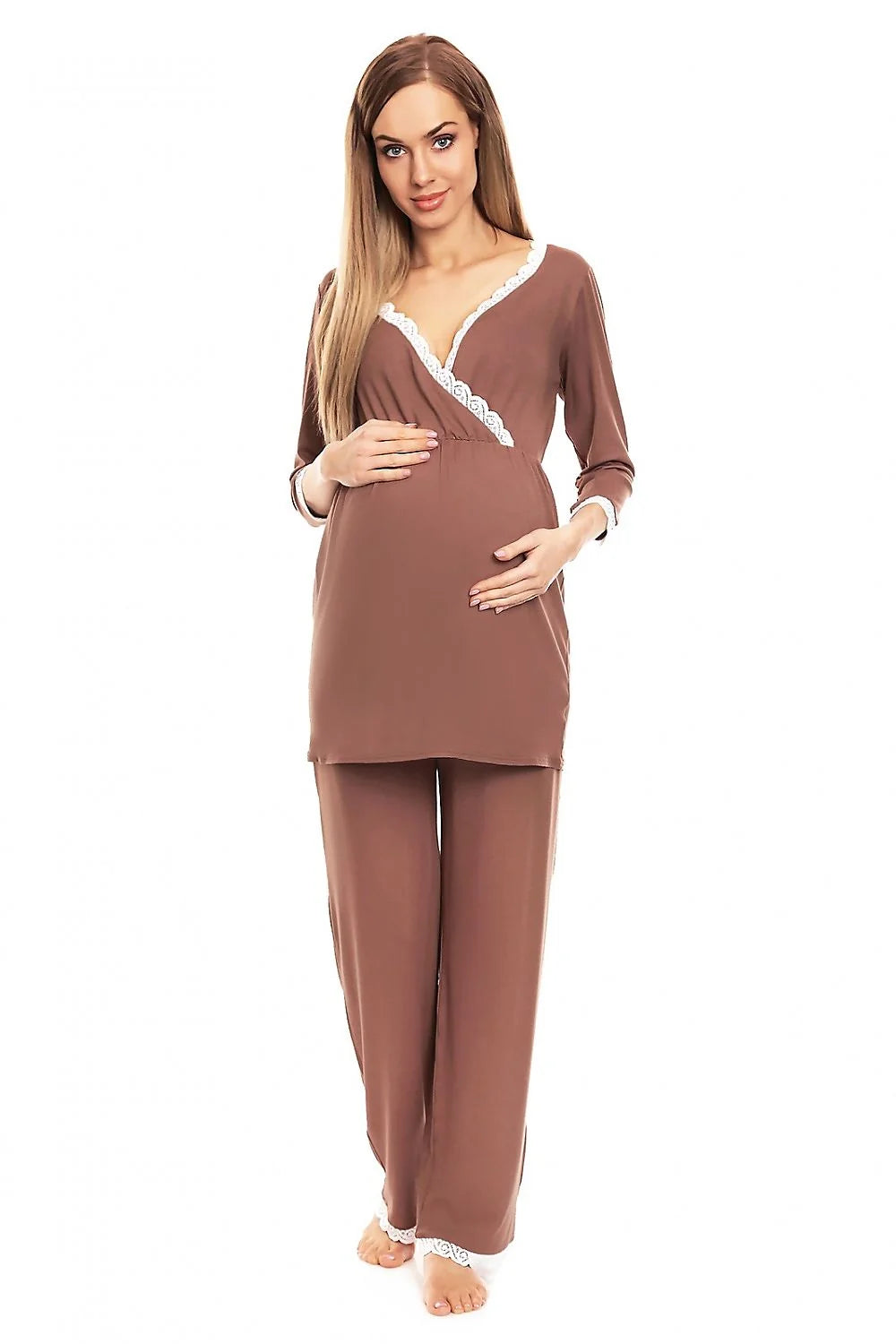 pyjama maternité allaitement viscose élasthanne marron cacao dentelle blanche cache coeur manches longues pantalon large élastique maille douce confortable