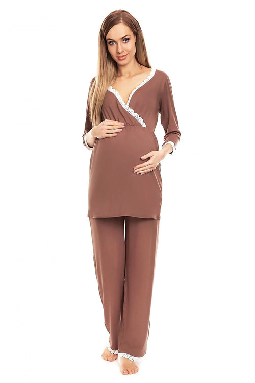 pyjama maternité allaitement viscose élasthanne marron cacao dentelle blanche cache coeur manches longues pantalon large élastique maille douce confortable