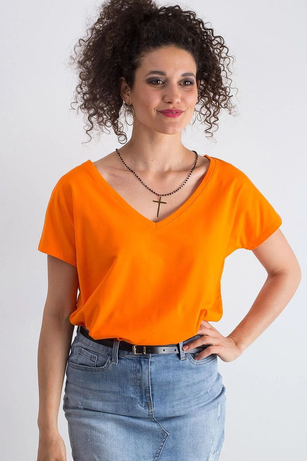 T-shirt femme loose manches courtes col V couleur verte vif coton elastane taille ajustable S M L XL XS