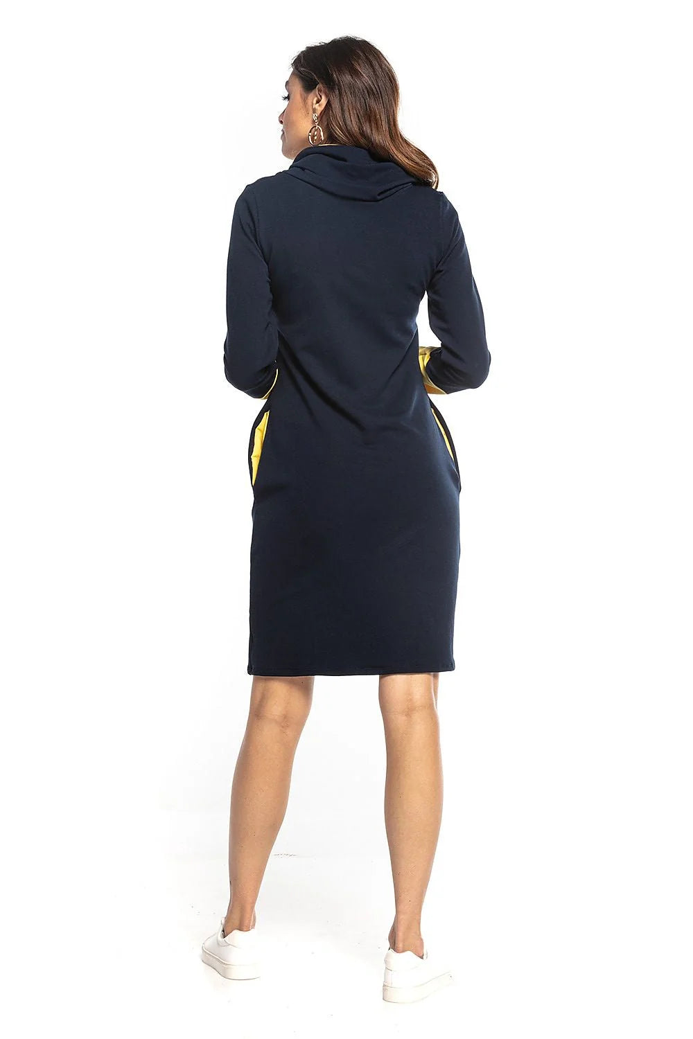 Robe en maille coton casual chic noire rose ajustée confortable manches longues avec poches femmes