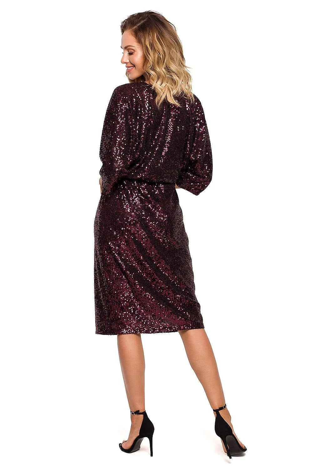 Robe de soirée glamour paillettes bordeaux élégante coupe droite manches longues femmes cérémonie chic