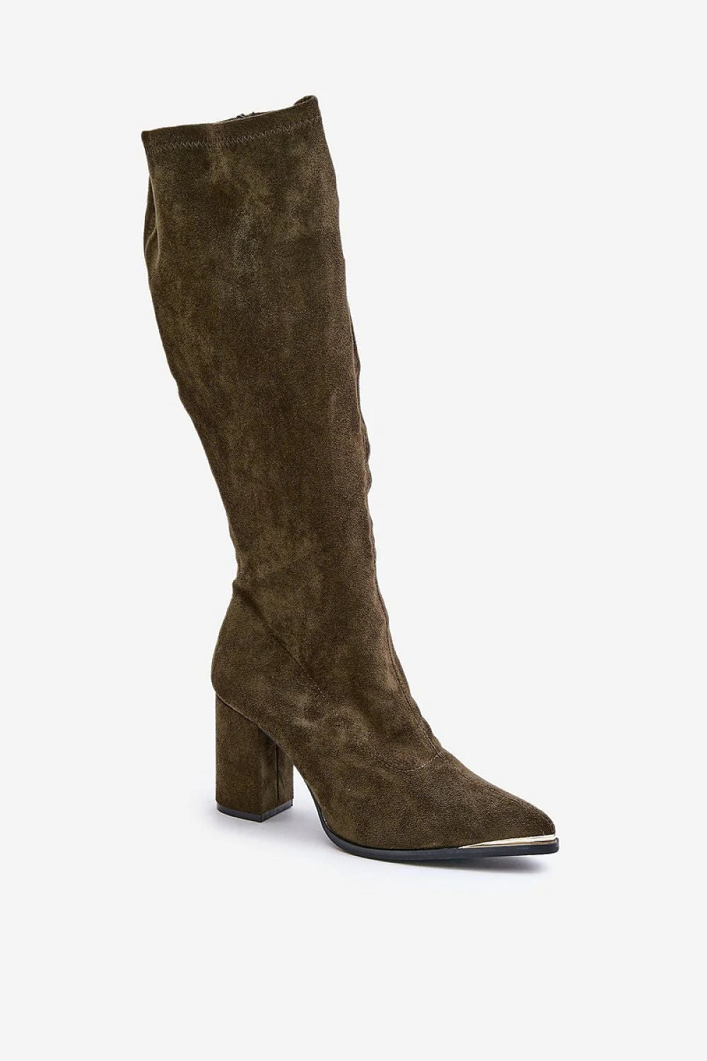 Bottes à talons carrés en suède éco vert olive, design moderne, fermeture éclair latérale, look élégant, femmes, chaussures automne/hiver, style sophistiqué, accessoires mode