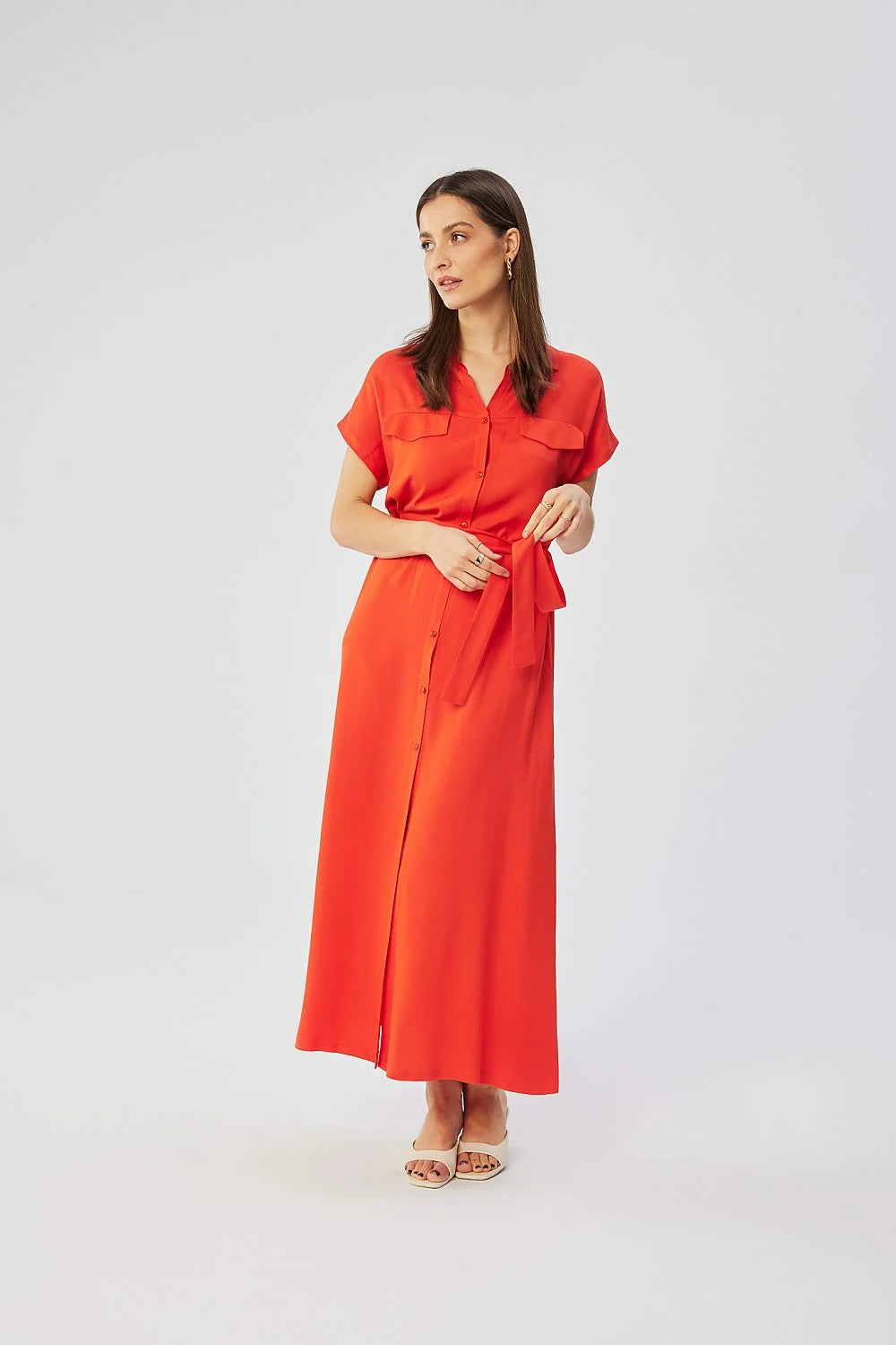 Robe de jour élégante longue en viscose rouge, taille ajustable, style chic, femme, occasion décontractée