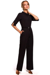 combinaison noire élégante moderne coupe droite jambes larges taille marquée ceinture manches trois quarts poches latérales polyester stretch