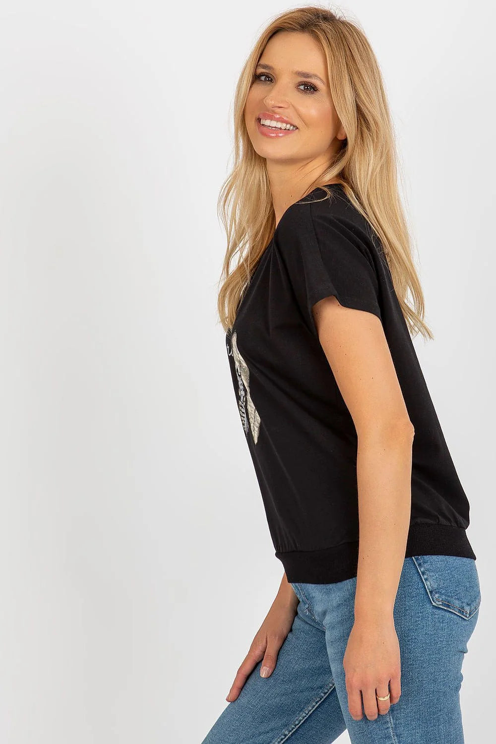 T-shirt femme moderne chemisier Rue Paris design artistique manches courtes encolure ronde imprimé plumes argentées message manuscrit Be grateful coton élasthanne